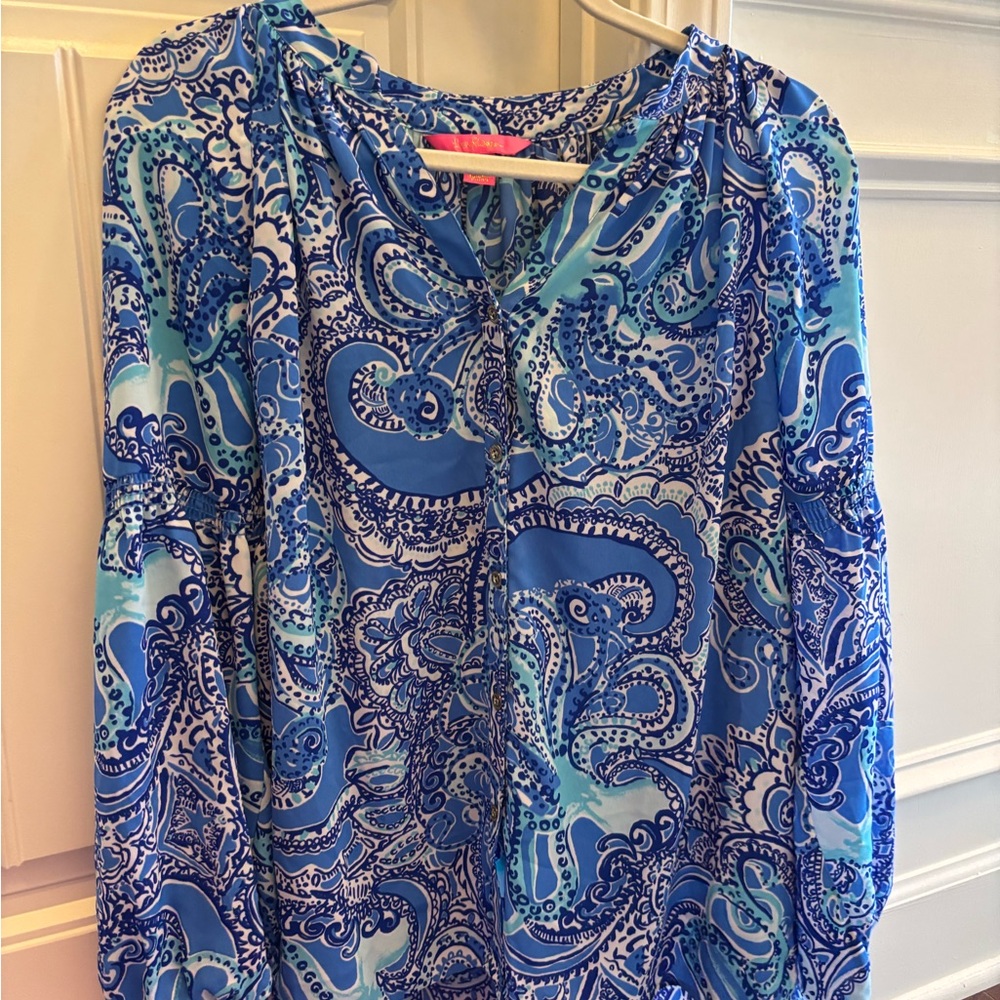 Lilly Pulitzer Blue Anela Button Down Long Sleeve Top Blouse Size M